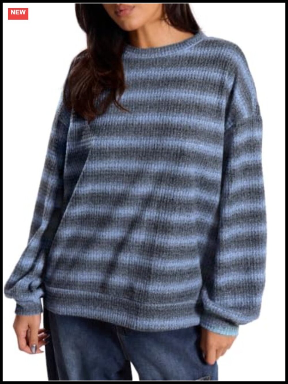 Waffle Knit Striped Crew Neck Long Sleeve Pullover Top Lightweight